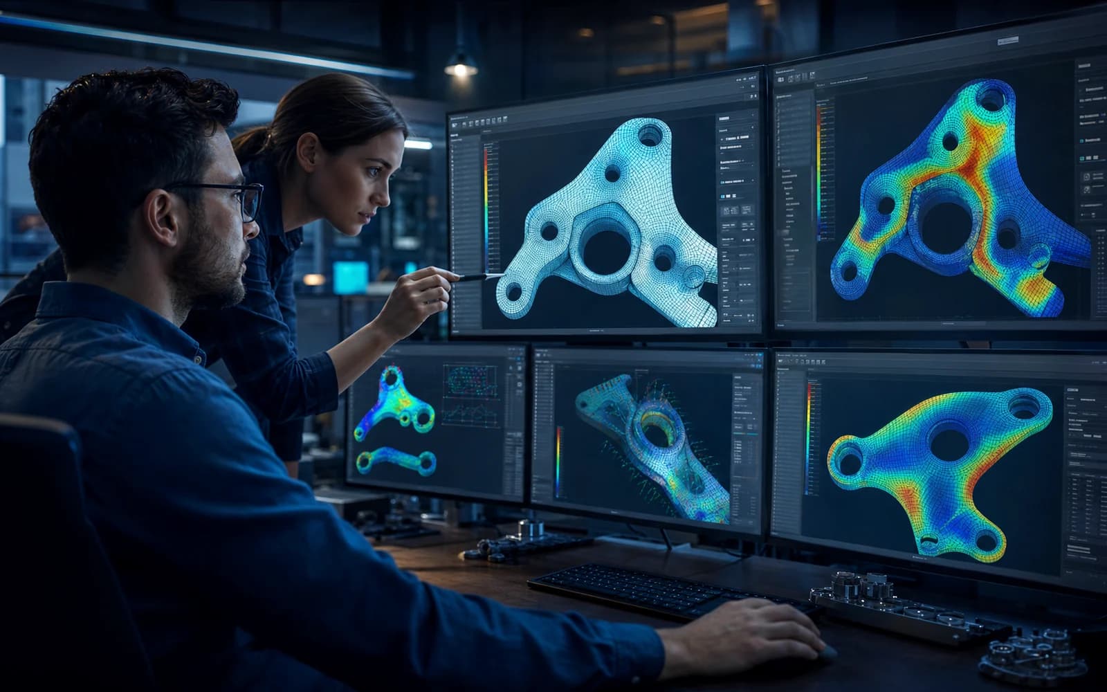 Engineers reviewing FEA stress contours and meshed structural simulation results
