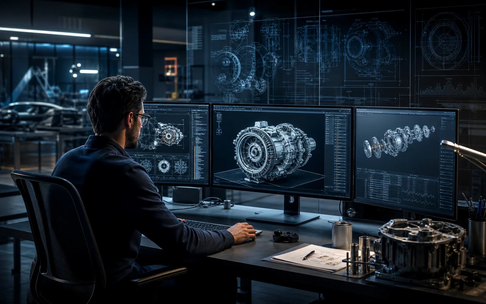 Mechanical engineer reviewing an advanced industrial CAD assembly on a multi-monitor workstation