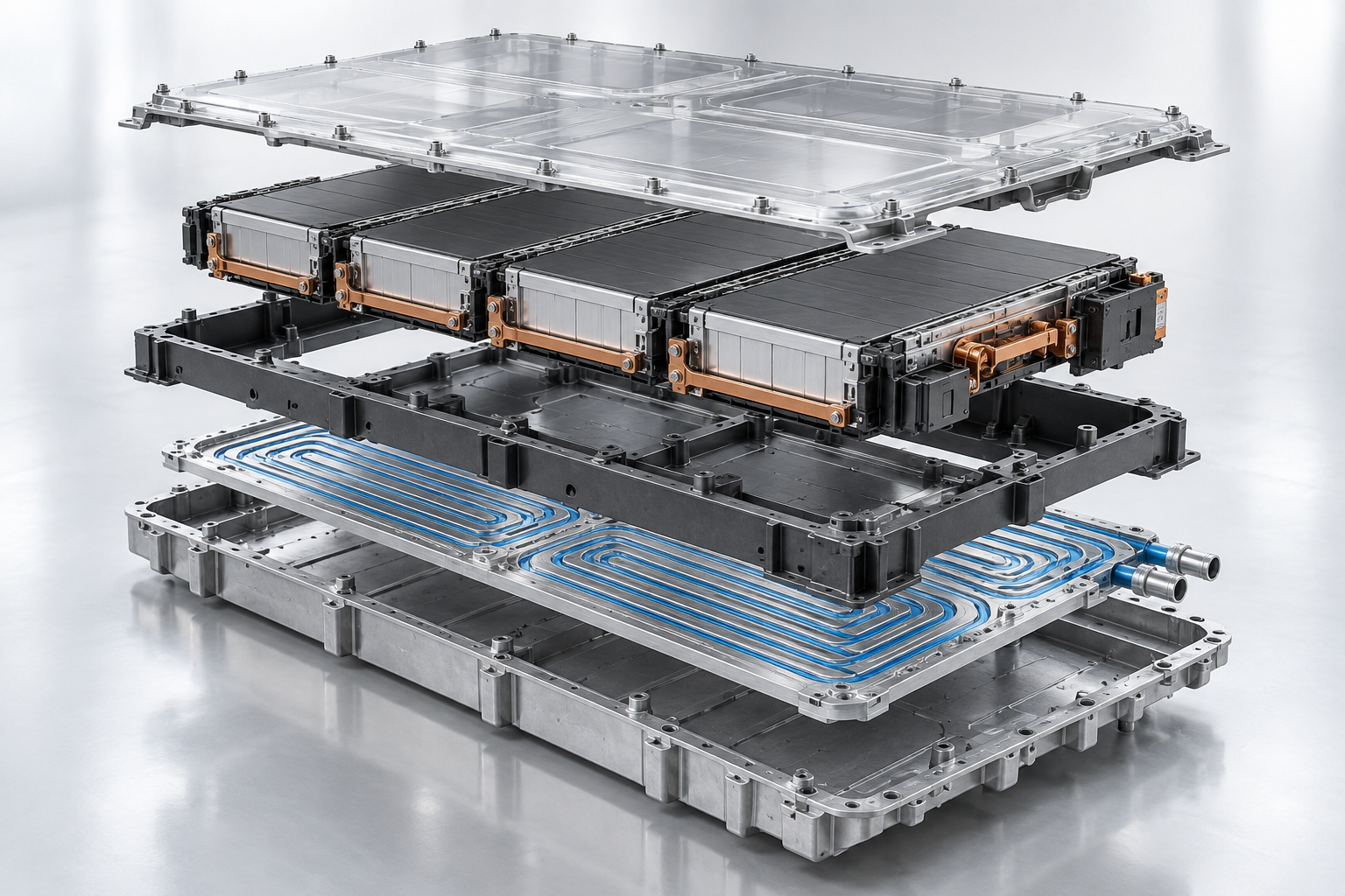 Illustrative exploded battery thermal management assembly; not simulation output.