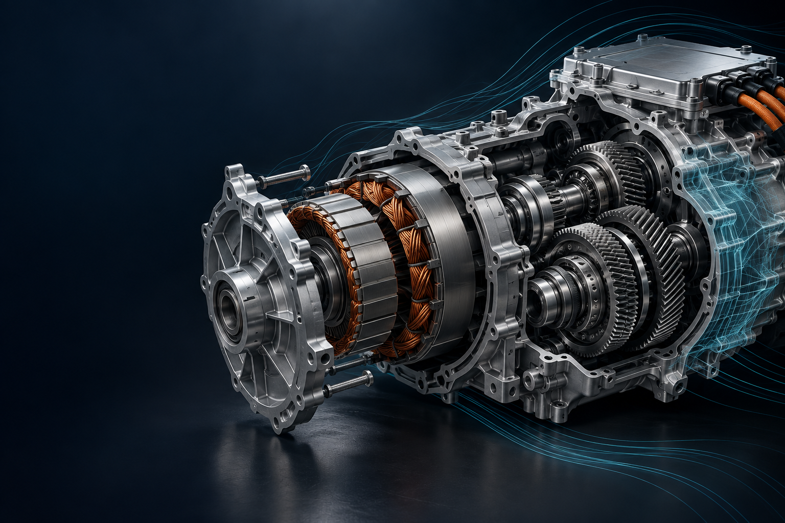Illustrative electric drive assembly with machined housing, copper windings and conceptual analysis mesh; not simulation results.